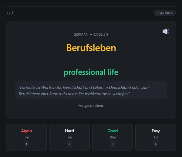 AksLingo spaced-repetition review card for 'Berufsleben' with its original sentence and Again, Hard, Good, Easy buttons