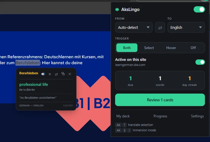 AksLingo toolbar popup with language selection, trigger mode, due cards and day streak